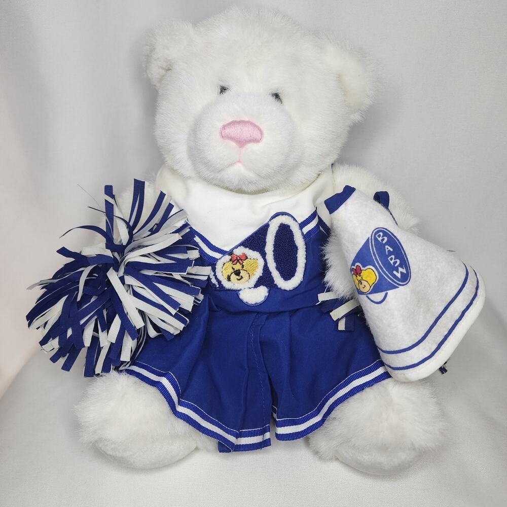 Build-A-Bear White Plush Teddy with Pink Nose & Blue Cheerleader Outfit